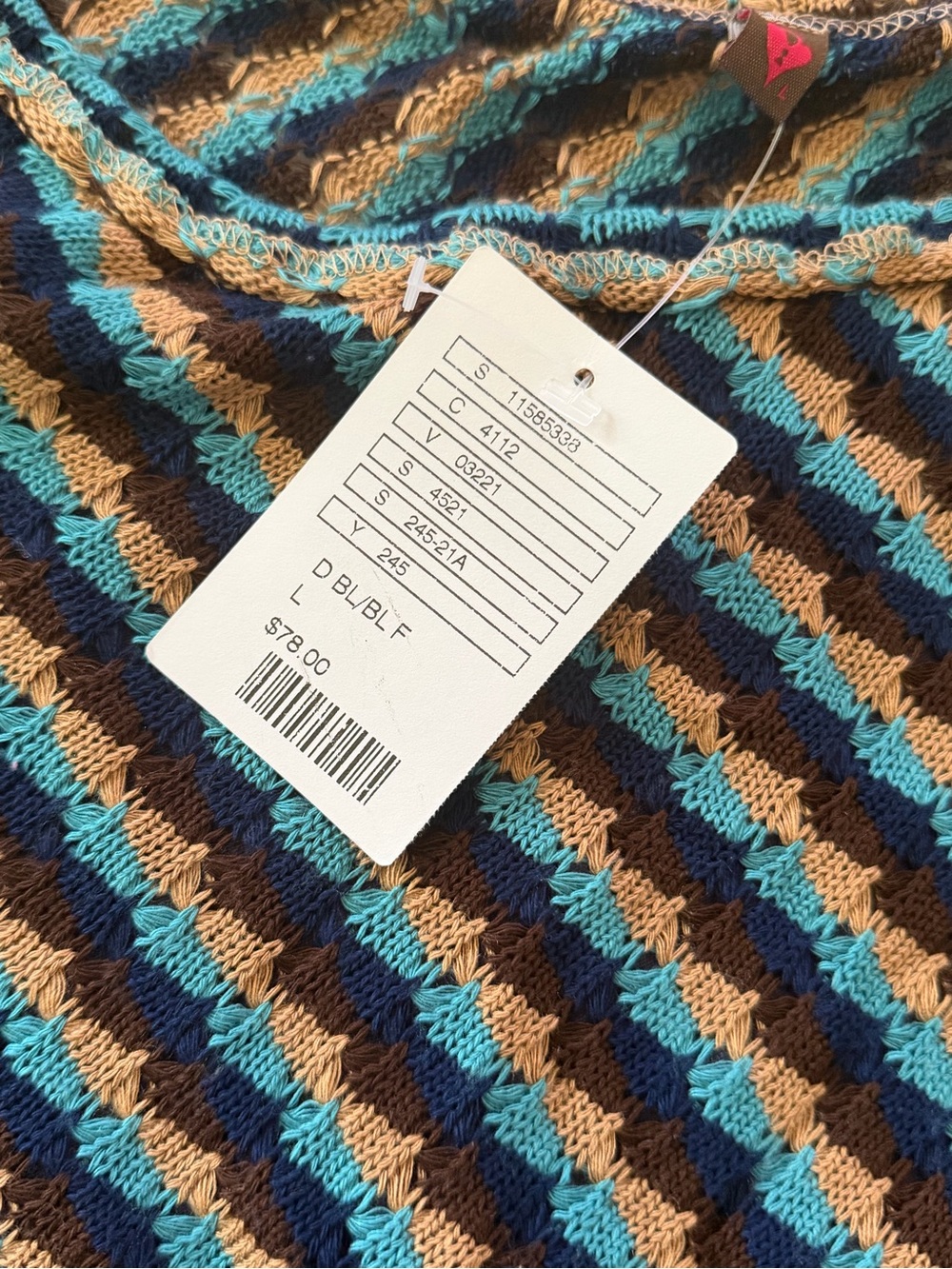Anthropologie Blue/Brown Diagonal Stripe Crochet Knit Top, L (NWT) — Runs Small - Picture 3 of 9